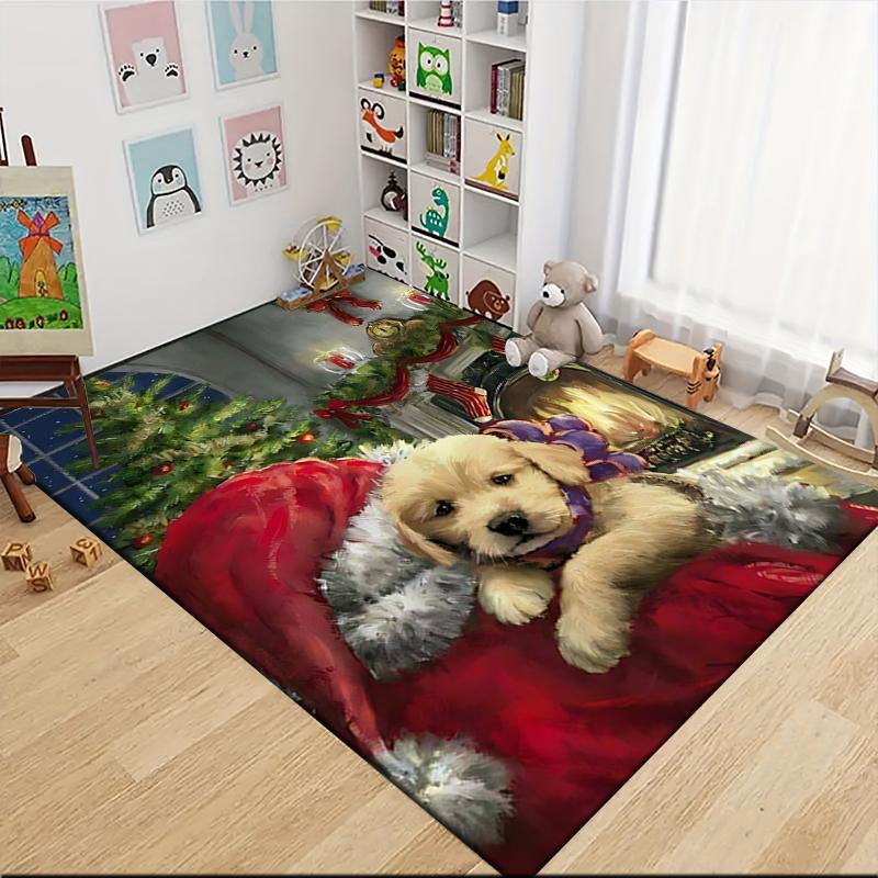 Christmas Pup Fire Carpet Rug Soft Washable Anti Slip Home Living Room Sofa Mats Personalized Christmas Rug