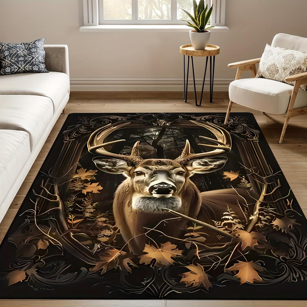 Vintage Autumn Deer Print Non-Slip Area Rug, Soft Flannel Carpet for Living Room Bedroom Entryway Study Game Room Decor
