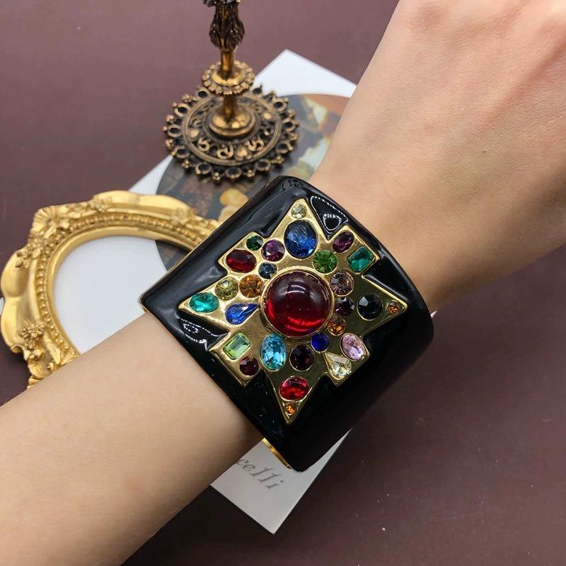 Heavy Industry Antique Bracelet Plated with Real Gold, White Enamel Glaze, Colored Gemstone, Glazed Inlaid Temperament Bracelet