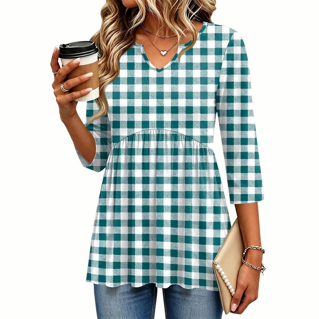Women's Casual Floral Print V-Neck Three-Quarter Sleeve Blouse for Spring and Summer