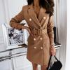 Women Suit Dress Lapel Long Sleeve Double Breasted Mid-length Formal Business Dress with Belt Pockets Suit Dress Workwear