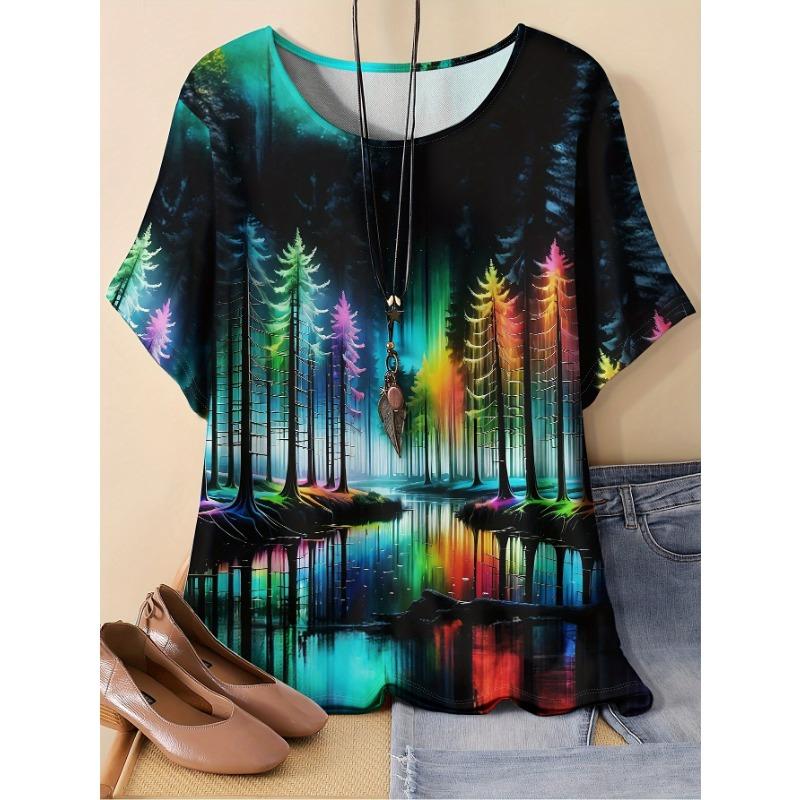 

Forest Oil Painting Printing 3D Random Printing Large Size Round Neck Women s T-shirt S