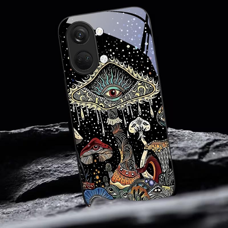 Mystic Evil Eye Mushroom Black Glass Phone Case For OnePlus 6 6T 7 7T 8 8T 9 10 Pro 11R 12R 13R Nord CE 2T 2 3 Lite N20 30 Cover