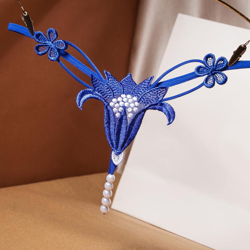 Flower Panties Sexy Beading Thong G String With Pearls Lace Underwear Women Women's G-String T-Back Open Crotch Lingerie Lady