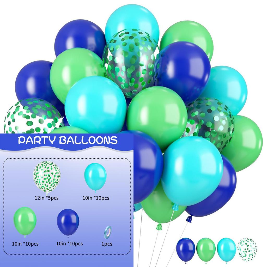 10inch-35pcs blue green purple and pink latex balloon set with confetti, suitable for weddings, birthdays, popular parties