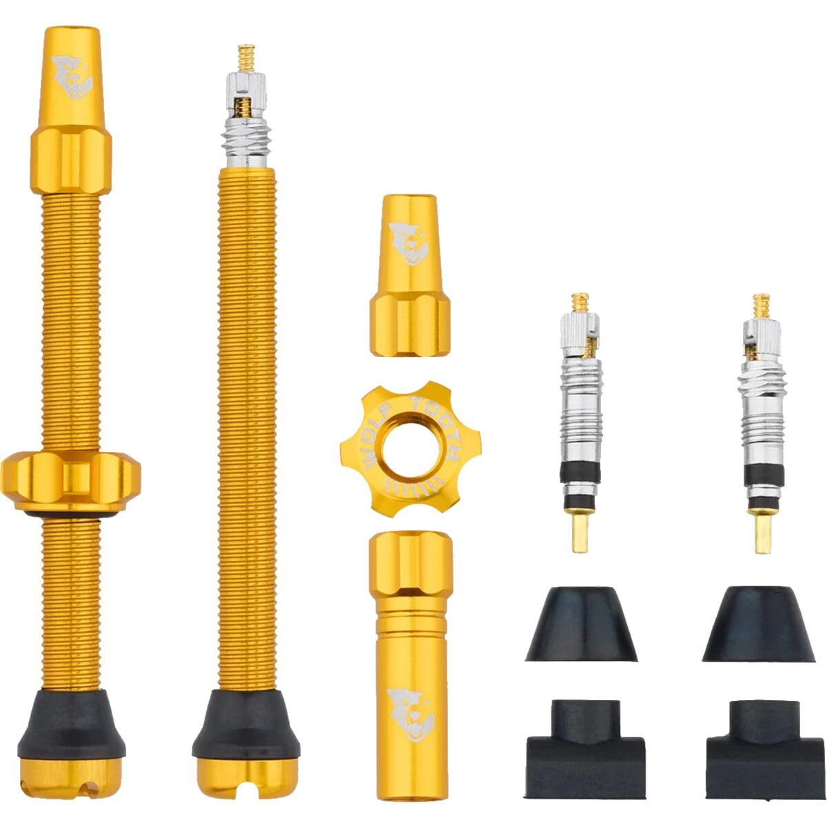 

Wolf Tooth Tubeless Valve Stem Kit Gold Tubeless Valve Stem Kit 60mm Gold U1TLV-KIT60-GLD