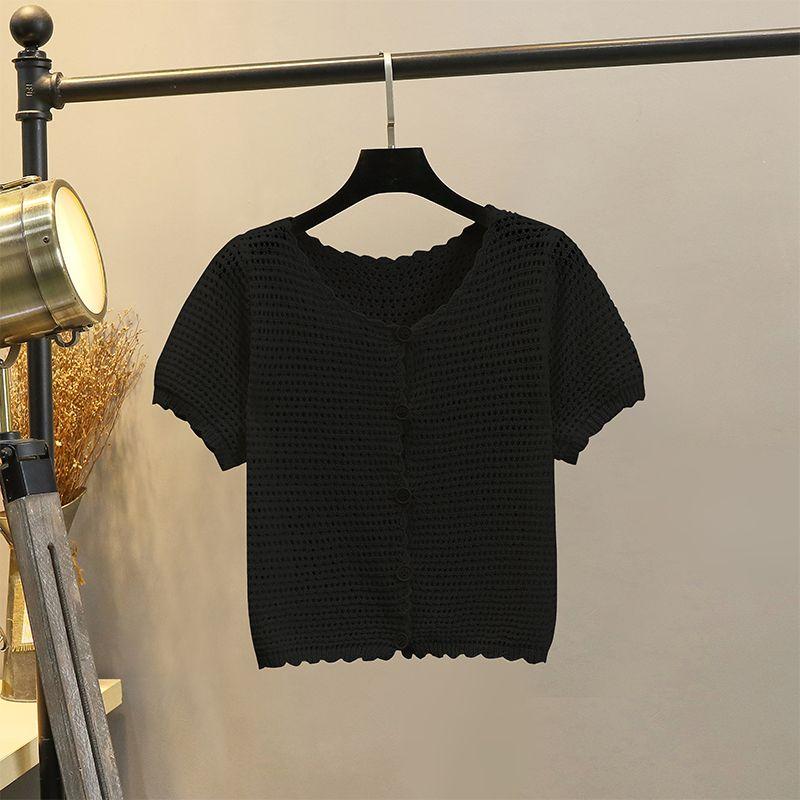 

Тонкая полая футболка Ледяной шелк Верхняя одежда Свитер с коротким рукавом Black(DM-048#) L