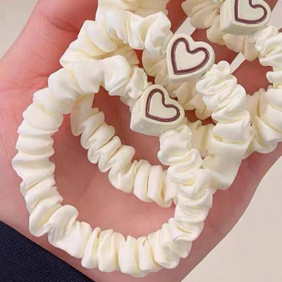 5Pcs Hair Ties Heart Decor Pleated Fabric High Elasticity Hair Ropes Lightweight Ponytail Holder Hair
