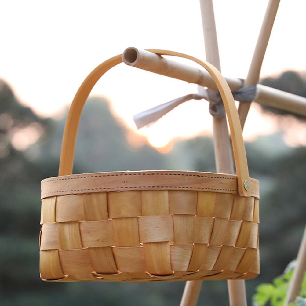 Woven Wooden Basket with Handle Eco-Friendly Portable Picnic Snack Carrier for Camping Outings Gifts Fruits Vegetables Storage
