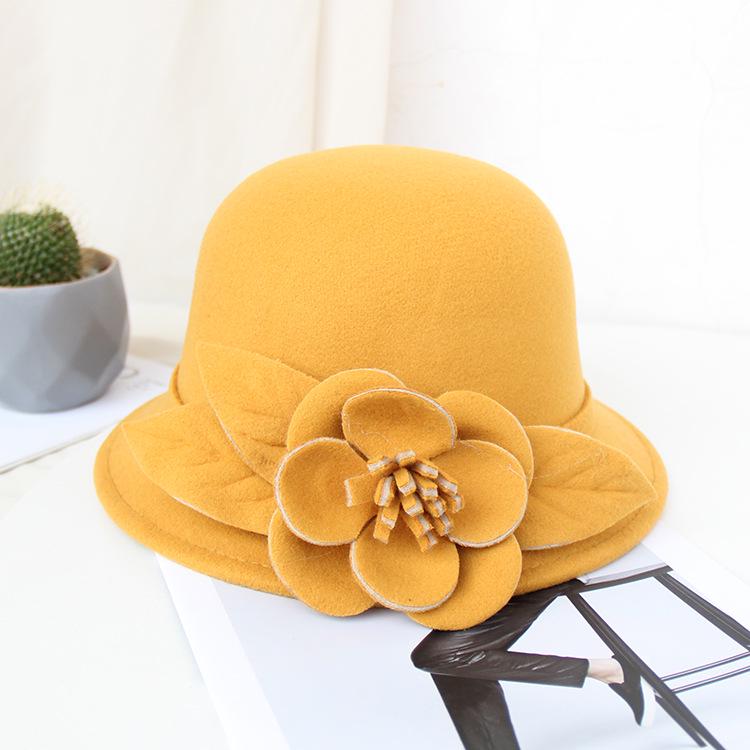 Hat Women Autumn And Winter British Woolen Woolen Pot Hat Fashion Flower Bucket Hat Warm Felt Top Hat