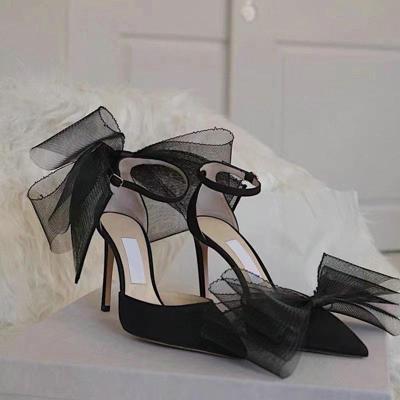 Fashion New One-Line Buckle Sandals Women'S Thin Heels With Bow Dinner Shoes Bun Head High Heels Pointed Shallow Mouth Single Shoes