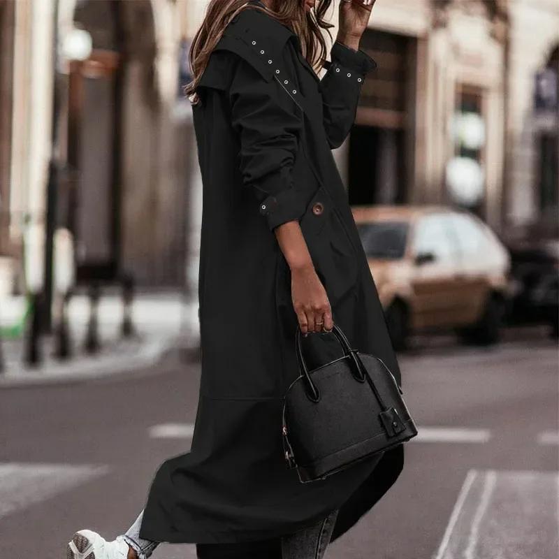 Single-Breasted Trench Coat Women Streetwear Overcoats Jackets Outwear Pocket Hooded Autumn Long Coats Trench