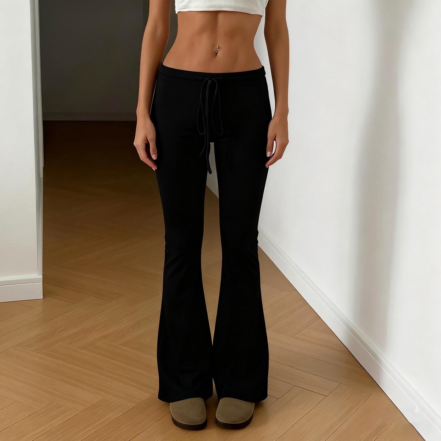 

Autumn Women s Low Waist Yoga Flare Pants - Solid Color, Lace-up, Wide Leg, Hip Lifting, Casual Sportswear L чорний