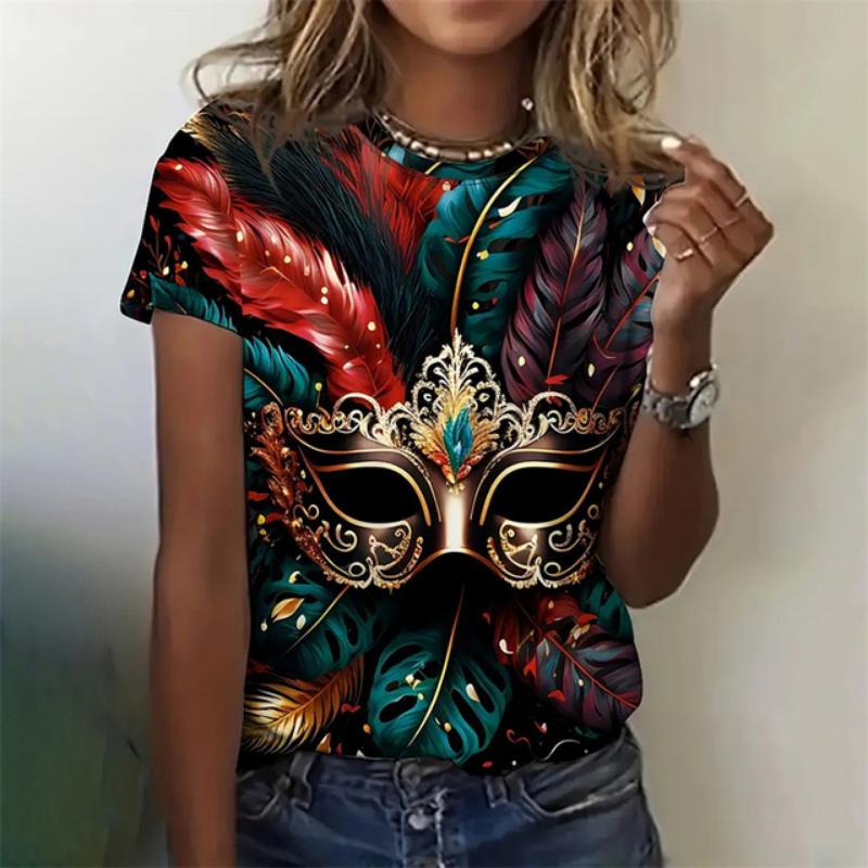 3D Printed Mask Party T Shirt Women Mysterious Girl Graphic Tees Summer Casual Holiday Street Loose T-Shirts O-Neck Short Sleeve