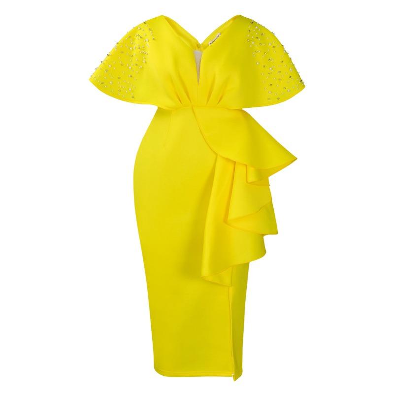 

Летнее сексуальное платье с V-образным вырезом, оборками в виде листьев лотоса, разрезом и бусинами, для вечеринки, с темпераментом знаменитости, банкетное платье XXXL жёлтый