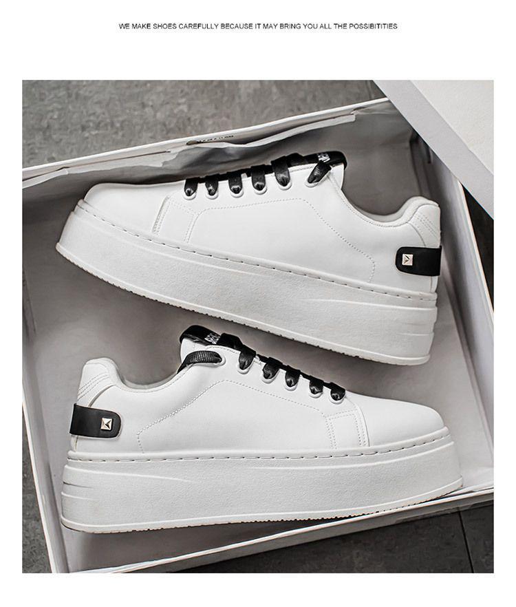 Męskie Wiosenne Oddychające Białe Sneakersy, Casualowe Buty Skate na Grubej Podeszwie Podwyższające Wzrost