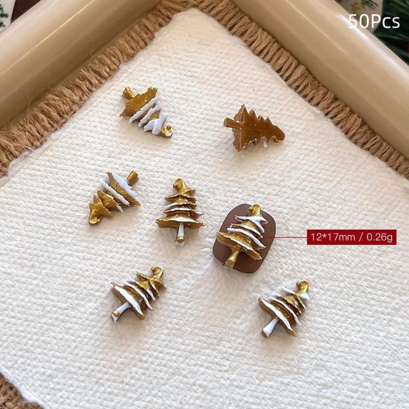 18/50Pcs Creative Realistic Gold Silver Christmas Tree Resin Nail Charms Resin Stereo Nail Art Decorations Diy Nails Accessories