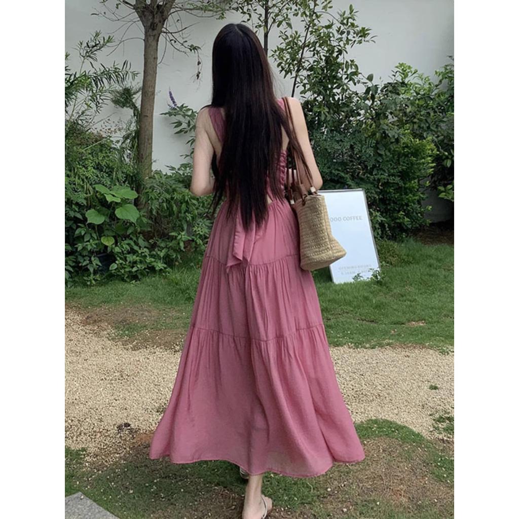 Fluffy Princess Dress First Love Suspender Dress Female Sexy V-neck Pleated Backless Strap Waist A Word Medium and Long Skirt