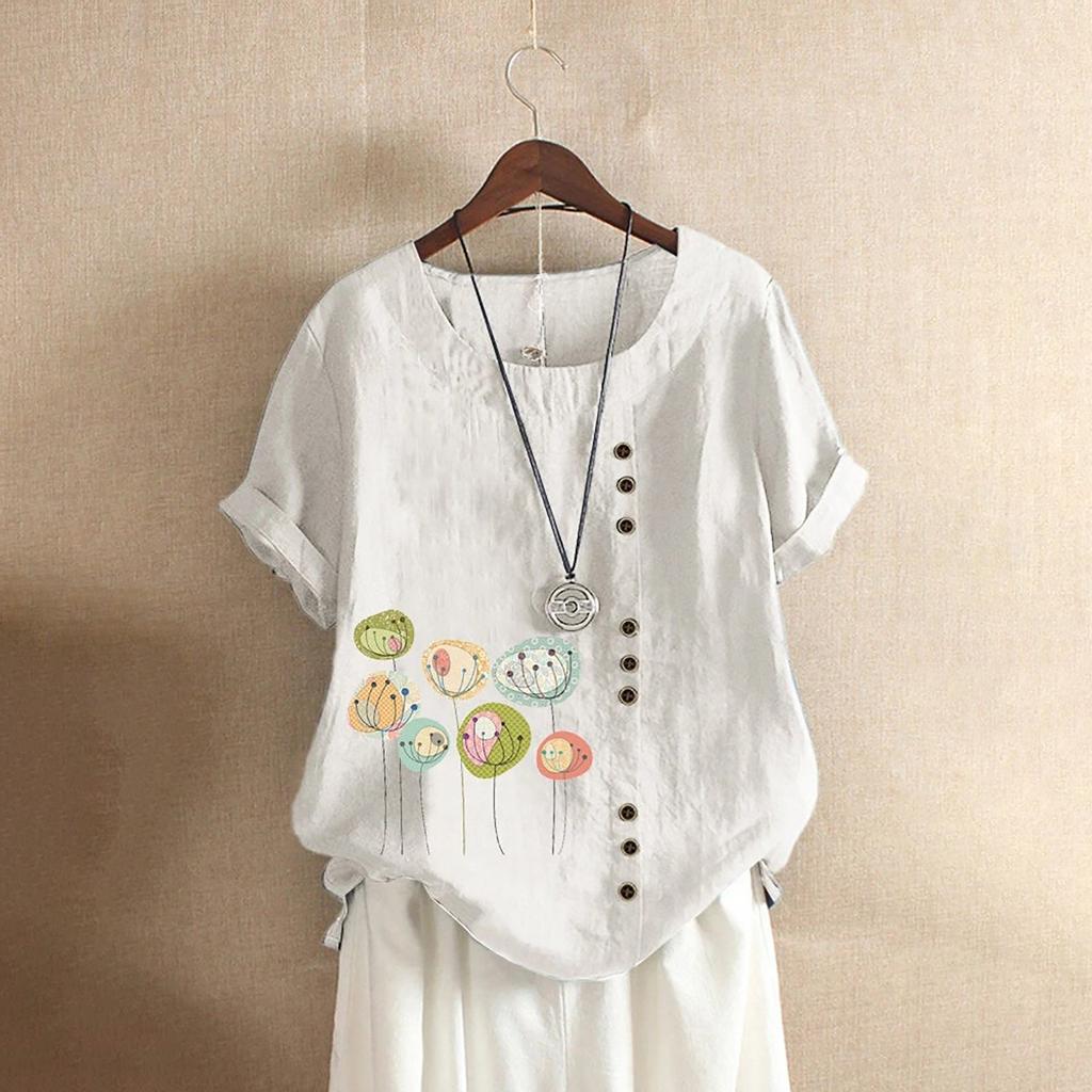 Women Casual Plus Size Printed Loose Button Tunic Shirt Blouse Tops