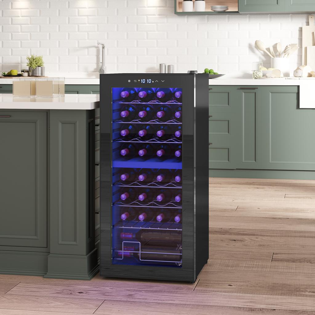 32-Bottle Narrow Wine Fridge, with Lights - Black