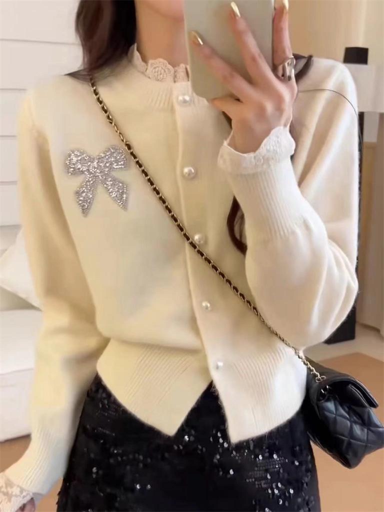 French sweet wind lace hot diamond bow knitted cardigan women's autumn and winter gentle soft waxy warm sweater