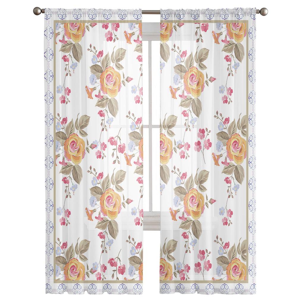 Cortina Transparente Dibujada a Mano con Líneas de Hojas y Flores Para Dormitorio, Cortina de Tul Voile Para Decoración de Cocina, Salón, Tratamiento de Ventana