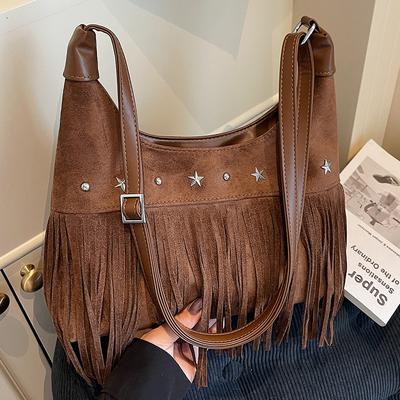 Retro Frosted Suede Tassel One Shoulder Bag Women Autumn Winter Vintage Rivet Zipper Large Capacity All-Match Crossbody Bags