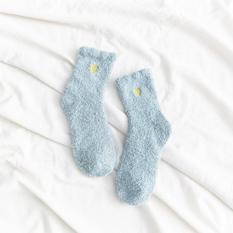 Home Indoor Cozy Floor Socks Winter Warm Soft Coral Fleece Socks Cute Heart Embroidery Thick Socks Fluffy Terry Short Sox Female