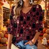Women's V-Neck Casual Halloween Print Three-Quarter Sleeve Tunic Top for Fall Party Outfits