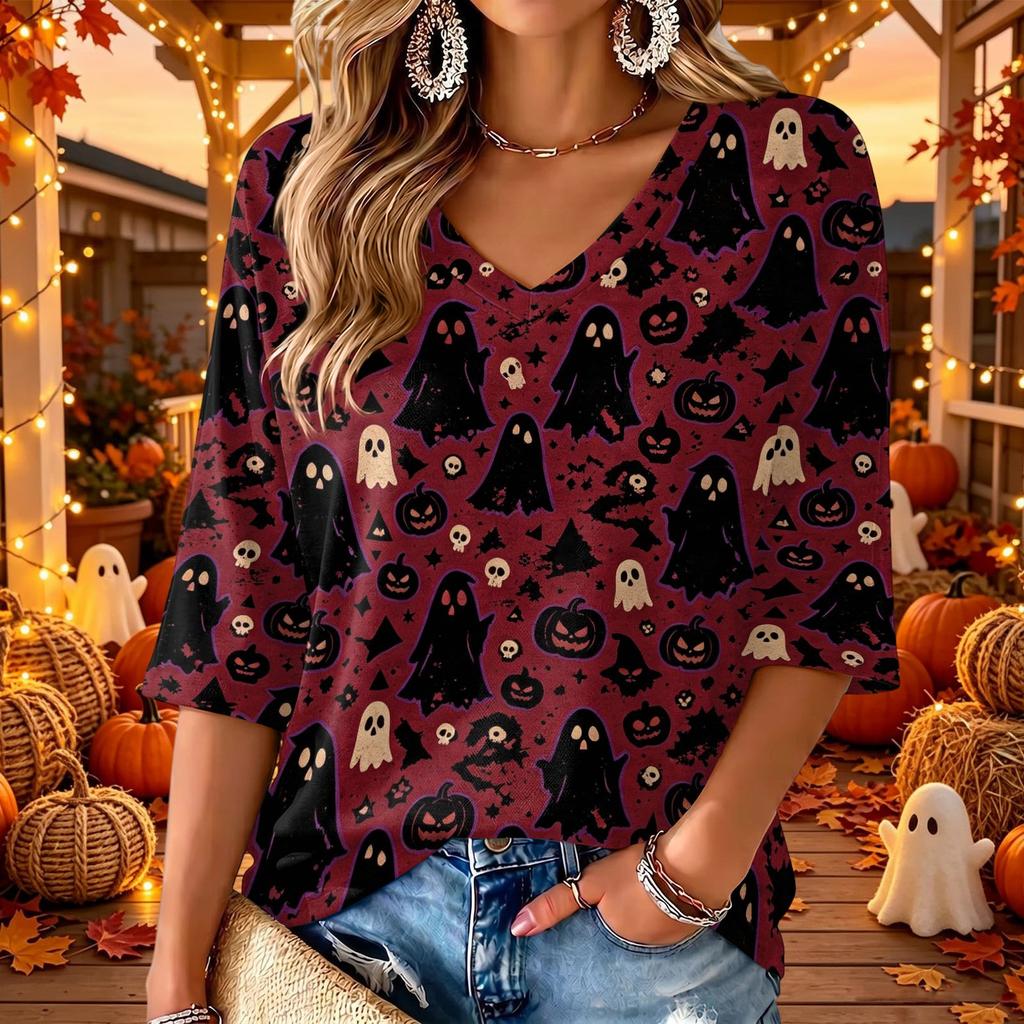 Women's V-Neck Casual Halloween Print Three-Quarter Sleeve Tunic Top for Fall Party Outfits