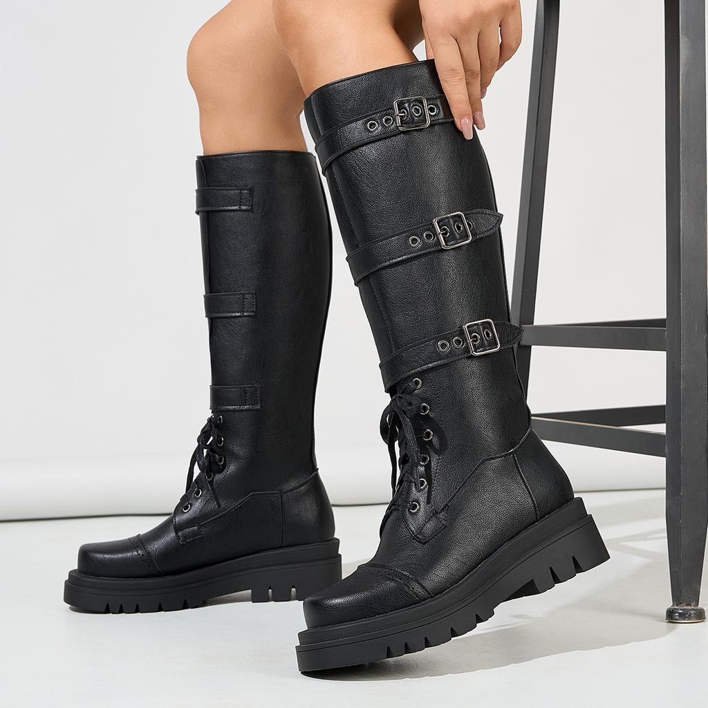 Autumn and Winter Ebay Casual Mid-heel Knight Boots Versatile Belt Buckle High Boots Women