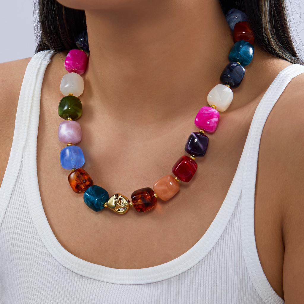 Boho Colorful Acrylic Resin Beaded Choker Necklace For Women Vintage Dopamine Statement Chain On the Neck Party Holiday Jewelry