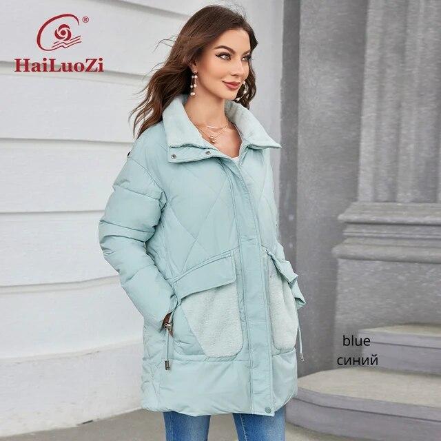 HaiLuoZi 2023 New Women Winter Jacket Short Warm Female Outwear Hooded Side Pockets With Fur Solid Color Women's Coat 1155