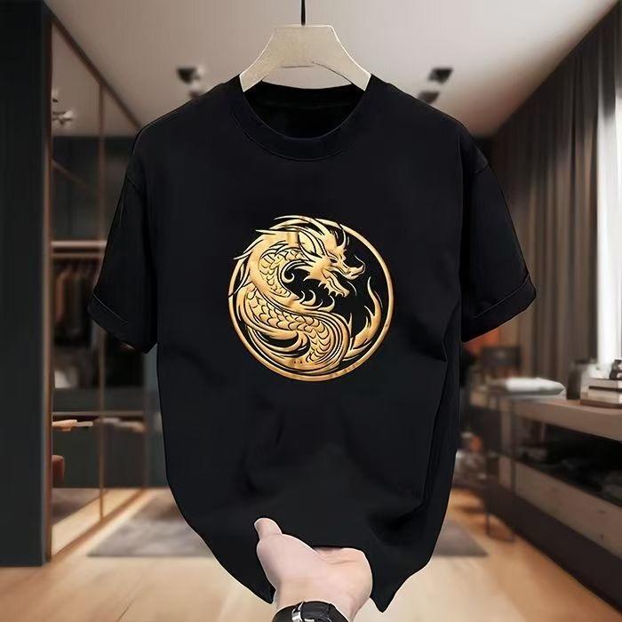 2025 Men's Solid Color Dragon Printing Casual Men's Versatile Crew Neck T-Shirt Large Size Loose Cotton Sports Short Sleeves