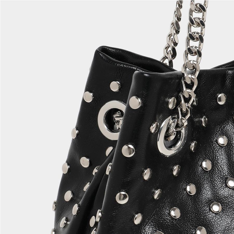 Punk-style Personalized Rivet Drawstring Bucket Bags Shopping Tote Bag PU Leather Women's Handbag Satchel Chains Shoulder Bags