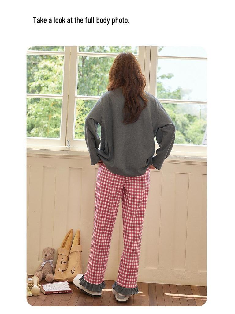 Women's Cute Cartoon Pajama Set with Chest Pads - Long Sleeve, Long Pants for Spring & Autumn, Wear Indoors or Out