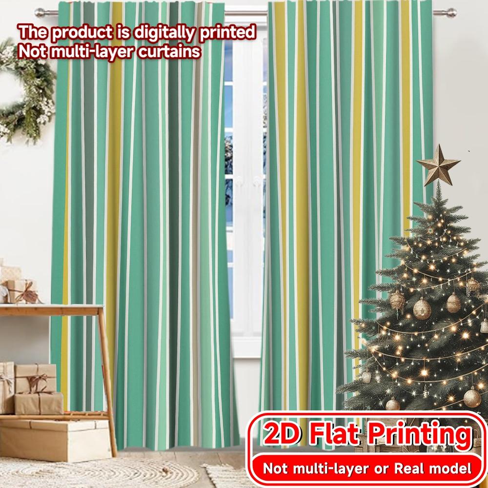 2pcs, 2D FLAT PRINTING Curtains (Without Rod) Striped Harmony(2) Christmas Festival Chic Print Curtains Machine Washable Fabric