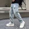 Guochao Denim Daddy Pants Fashion Butterfly Print Light Blue Washed Jeans Men's and Women's Couple Pants