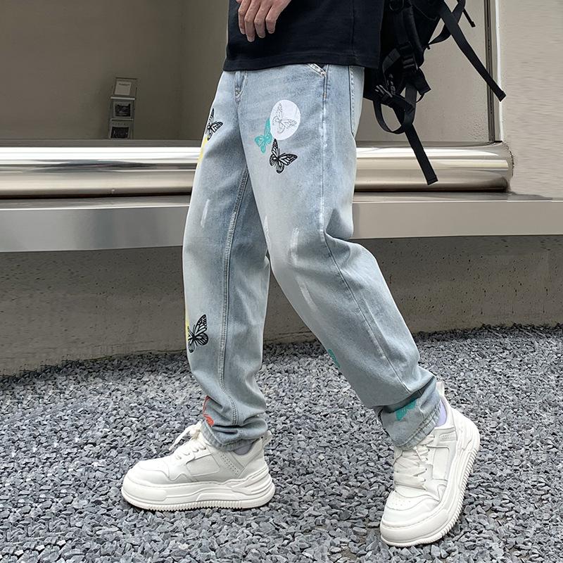 Guochao Denim Daddy Pants Fashion Butterfly Print Light Blue Washed Jeans Men's and Women's Couple Pants