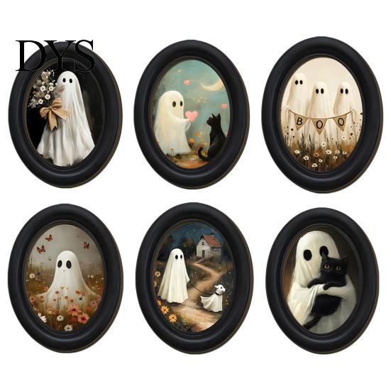 Oval Wood Picture Frame Halloween Gothic Wooden Hanging Plaque, Vintage Black Cat Ghost Wall Sweet Cool Sign Sign, Retro Waterproof Decorative Art for