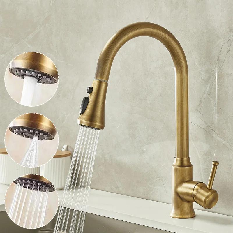 Antique Brass Kitchen Faucet Pull Out Spout Kitchen Faucets Black Single Hole Swivel Hot Cold Water Kitchen Mixer Tap Black