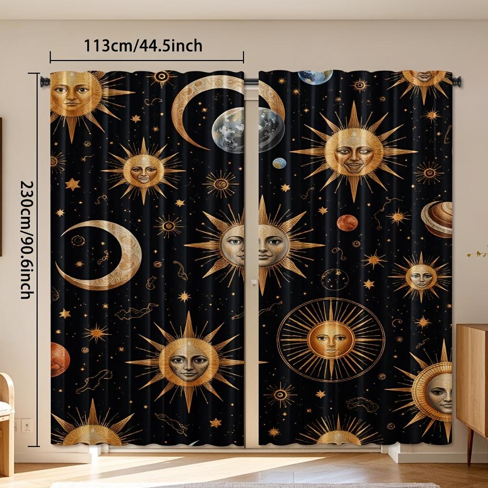 2pcs Celestial Sun Moon Stars Curtains - Semi-Sheer Polyester & Golden Space-Themed Window Drapes with Rod Pocket   Modern & Clas