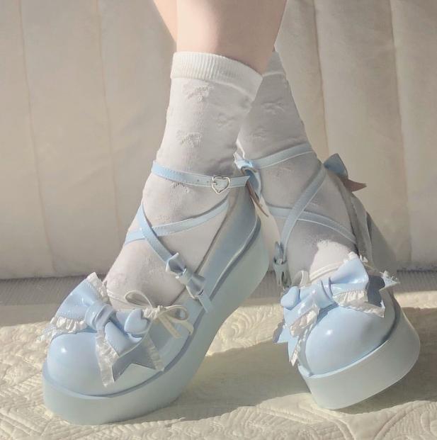 Lolita stijl platte dikke zool schattige strik student hoogteverhogende schoenen Mary Jane schoenen 38 gray
