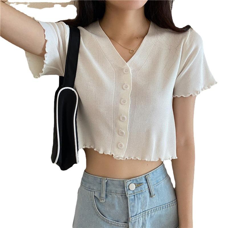 Fashion Versatile Fashionable V-neck Short Revealing Top Outside The Thin Section of Short-sleeved Knit Sweater Female Casual Slim Fit Pullovers Tees