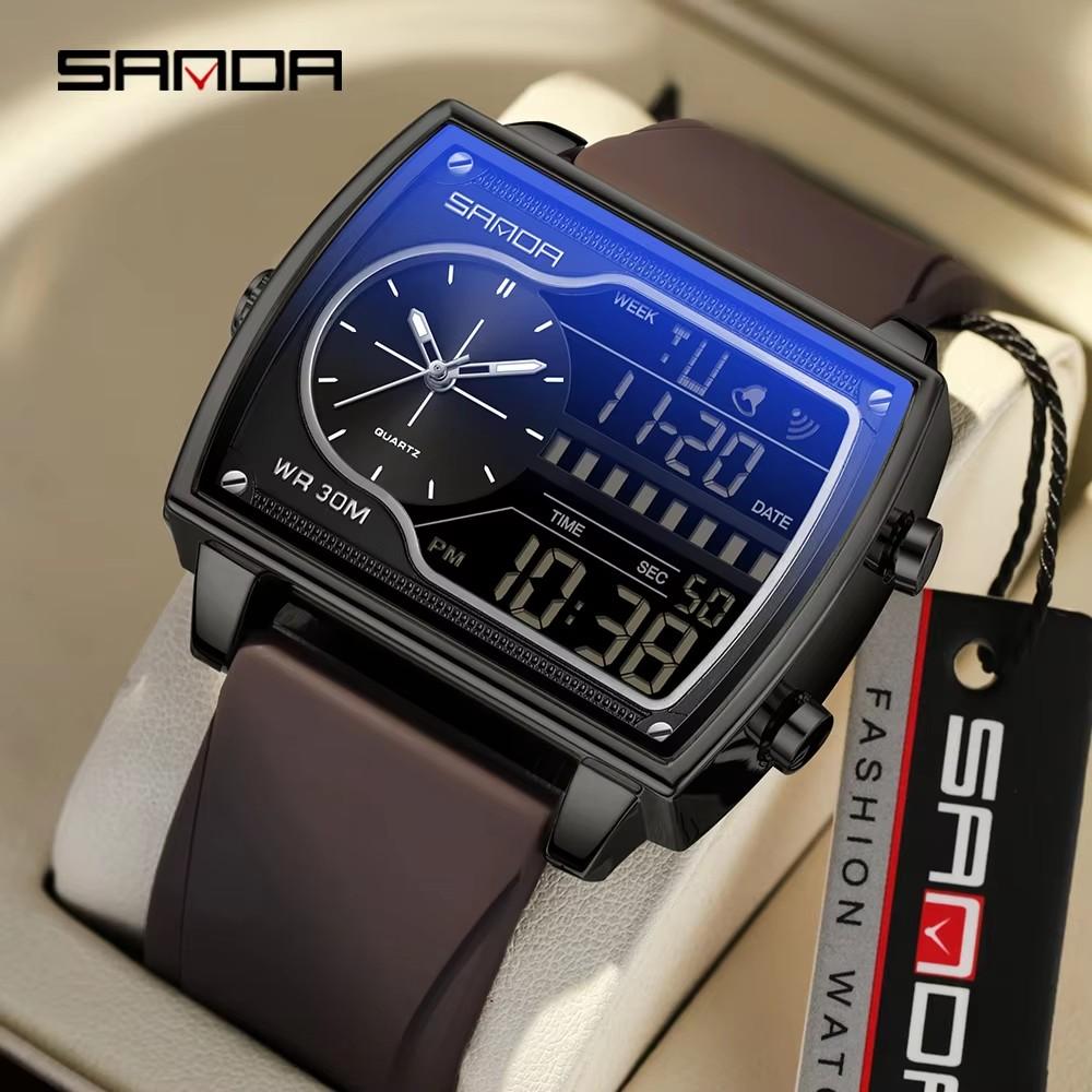 SANDA 6163 Fashion Trend Quartz Watches Fashion Men's Square Watch Countdown Sports Waterproof Dual Display Digital Mens Watch