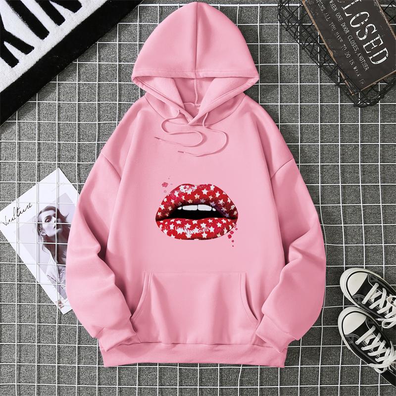 Loose Long Sleeve Women's Hoodie Lip Print Trendy plus Size Cross-Border Pattern Crew Neck Regular Length Girl Style