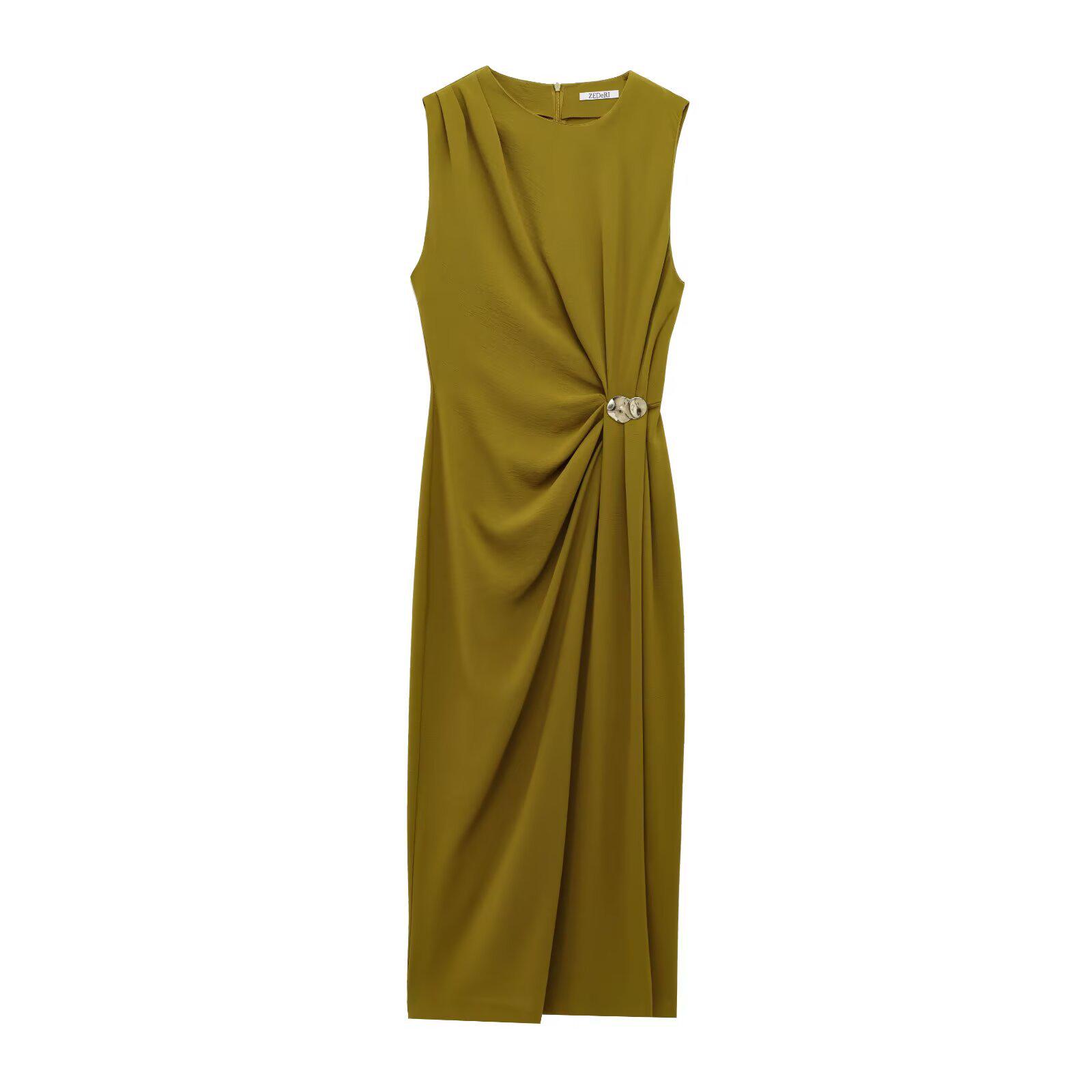 

European-American Style 2025 Spring Women s Pleated Sleeveless Midi Dress L