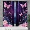 Pink Butterfly Floral Curtains Purple Starry Night Print Drapes Romantic Glitter Home Decor Bedrooms Curtain With Semi Sheer Polyester Perfect For