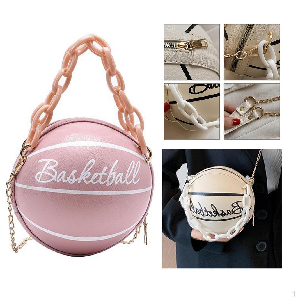 Fashion Women Basketball Bag PU Leather Chain Round Graphic Tote for Gift Shopping Ladies