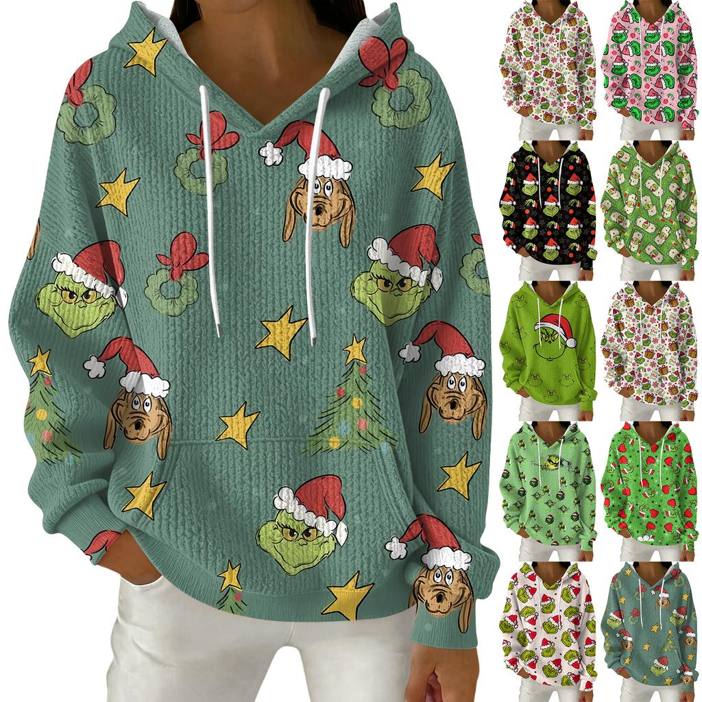 Women's Fashion Casual Christmas Print Pullover Long-Sleeve Hooded Sweatshirt